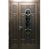 Двупольная уличная дверь Хальмстад с окном и ковкой Двупольная уличная дверь Хальмстад с окном и ковкой