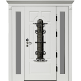 Парадная стальная дверь Урал белая с окном и ковкой Парадная стальная дверь Урал белая с окном и ковкой